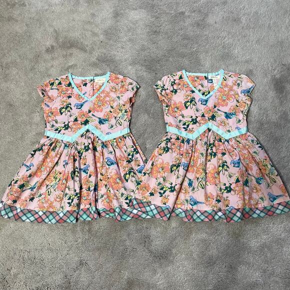 Matilda Jane Twin Girls Dresses Size 4T Easter Birds Floral Pink Blue - Picture 1 of 10
